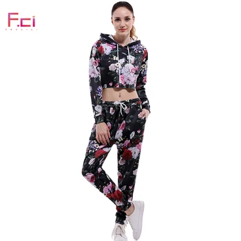 

3D Printed Women Floral Crop Hoodie Set with Pants Oversized Hooded Sweatshirts Set Pullover Long Sleeve Sweatshirts