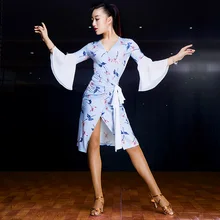 Latin Dance Dress New Costume Samba Salsa Female Adult Printing Dress Dance Wear Trumpet Sleeves Strappy Dress Skirt DN1506