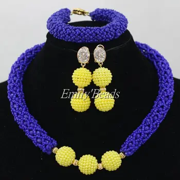 

Royal Blue Nigerian Wedding African Beads Bridal Jewelry Sets Yellow Costume Necklace Bracelet Earrings Set Free Shipping AIJ519