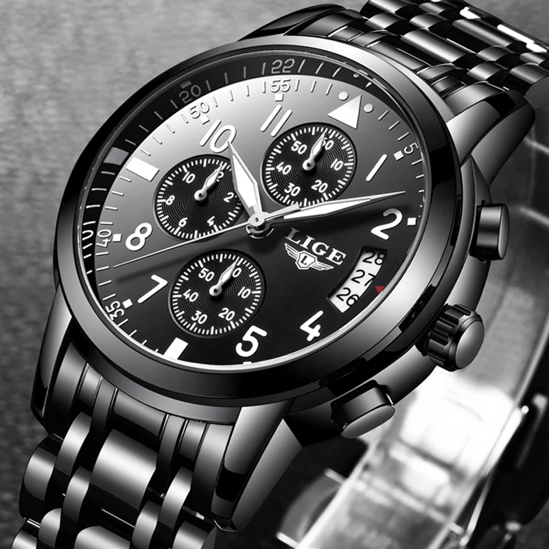 LIGE Top Luxury Brand Mens Sport Quartz Watch Full Steel Men Watches Dress Business Fashion Waterproof Black Luminous Male Clock LIGE Top Luxury Brand Mens Sport Quartz Watch Full Steel Men Watches Dress Business Fashion Waterproof Black Luminous Male Clock