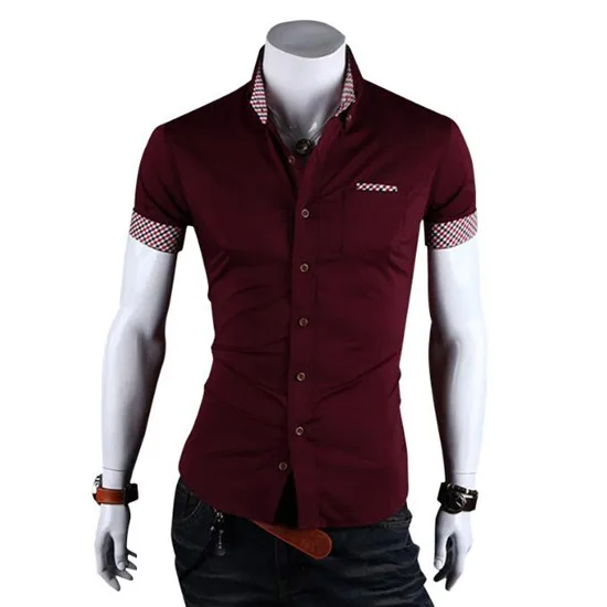 1 шт. летняя новая модная однотонная мужская Тонкая хлопковая рубашка с коротким рукавом Повседневная деловая рубашка с коротким рукавом мужская рубашка для работы - Цвет: Wine Red