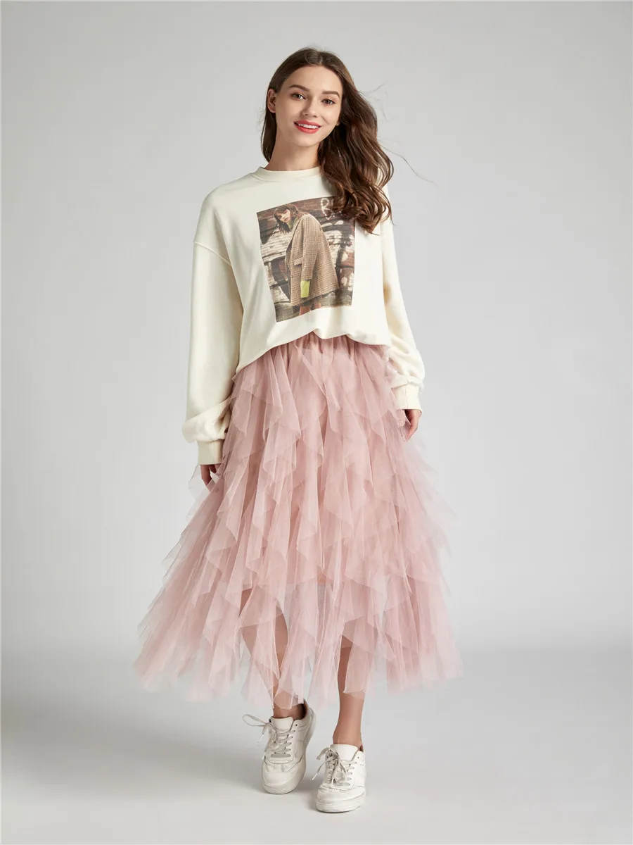 Корейские демисезонные модные пачка Женская юбка из тюля длиной макси юбка черный, розовый Высокая Талия Женская плиссированная юбка