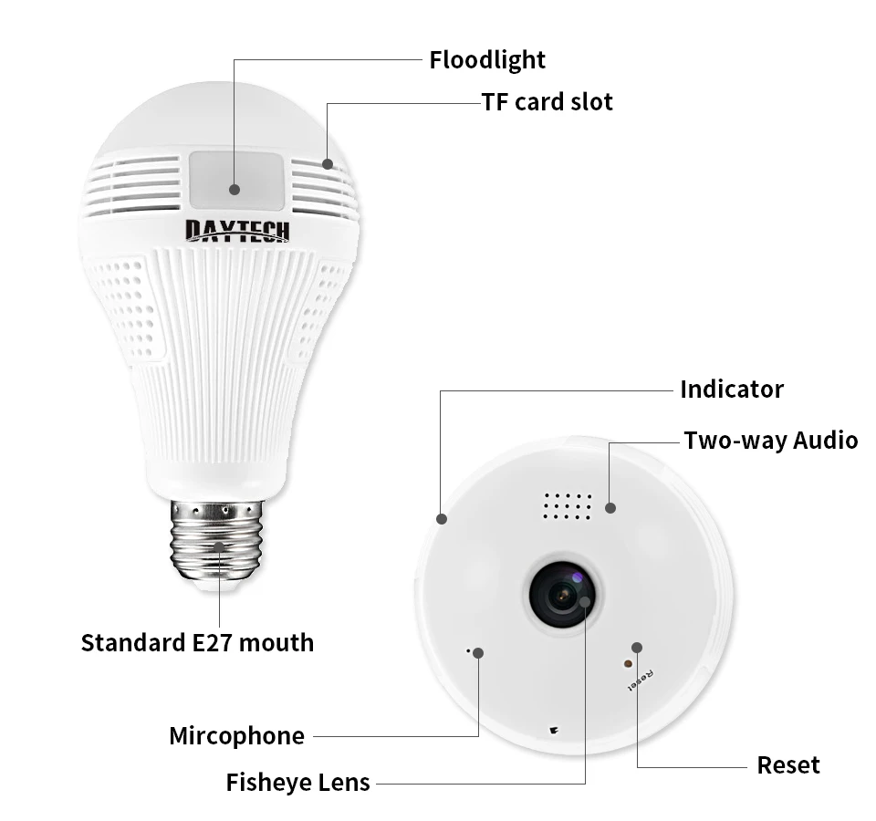 DAYTECH 1080P Wireless Panoramic IP Camera 2MP Home Surveillance Network Camera Security Lamp Night Vision Audio Free APP DAYTECH 1080P Wireless Panoramic IP Camera 2MP Home Surveillance Network Camera Security Lamp Night Vision Audio Free APP