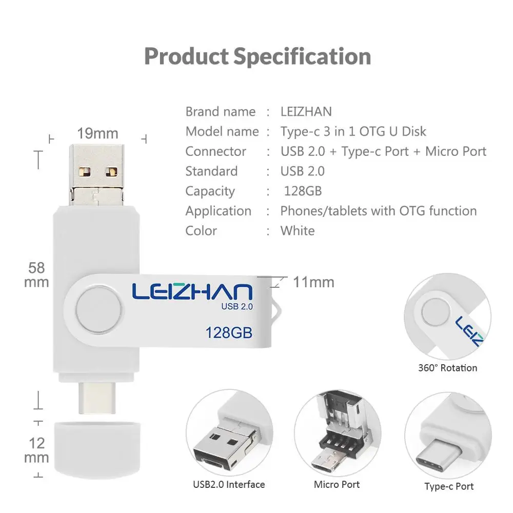 LEIZHAN Micro usb флэш-накопитель type-C мобильный телефон Флешка u диск 128 Гб 64 ГБ 32 ГБ 16 ГБ 8 ГБ 4 ГБ usb c флеш-накопитель
