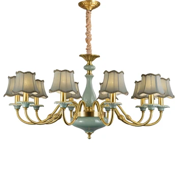 

IWHD Copper Europe LED Chandelier Lighting Fixtures For Dinning Living Room Kitchen Creamic Fabric American Lustre Chandeliers