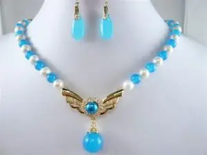 

hot > 7-8mm white pearl &blue chalcedony necklace Earring18'' set (A0423) -Top quality free shipping