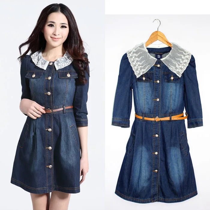 19 New O Neck Half Sleeve High Waist Casual Knee Length Lace Jean One Piece Dress Women Summer Denim Dresses Buy At The Price Of 24 53 In Aliexpress Com Imall Com