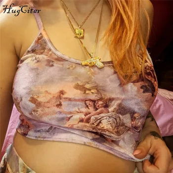 

Hugcitar spaghetti straps slash neck sexy crop tops cartoon print camis women fashion winter spring female party club tees