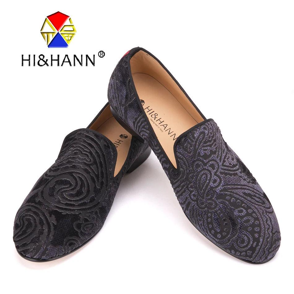 Handmade men Paisley printing velvet shoes with Genuine Leather insole ...