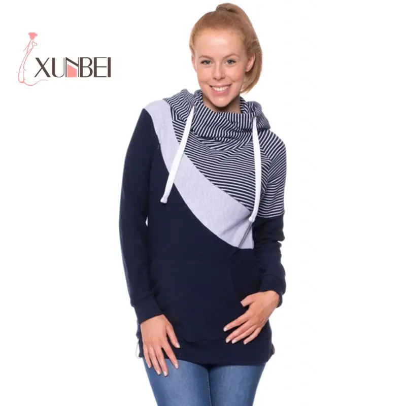 

Spring Autumn Pregnancy Nursing Long Sleeves Maternity Clothes Hooded Breastfeeding Tops Patchwork T-shirt for Pregnant Women