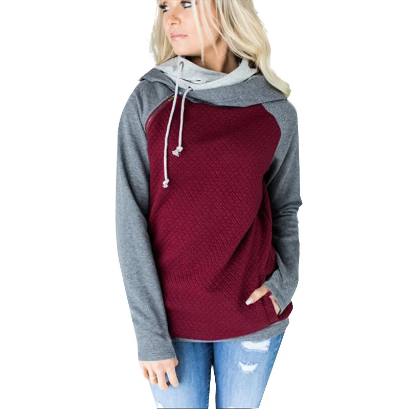 

New Hoodies Women Diagonal Zipper Double Cap Stitching Hoodie Plaid Coat Down Jacket Woman Hooded Crop Hoodies Sweatshirts