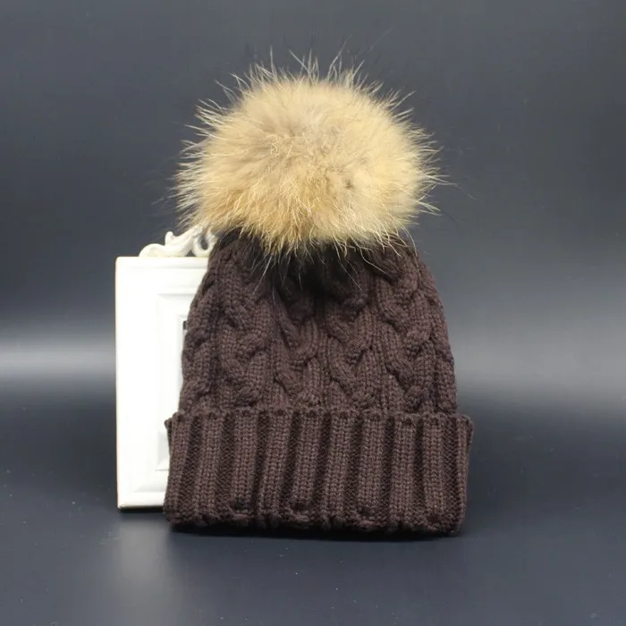 Осенне-зимняя женская вязаная шерстяная шапка Skullies Beanies из натурального меха енота, женские шапки с помпоном