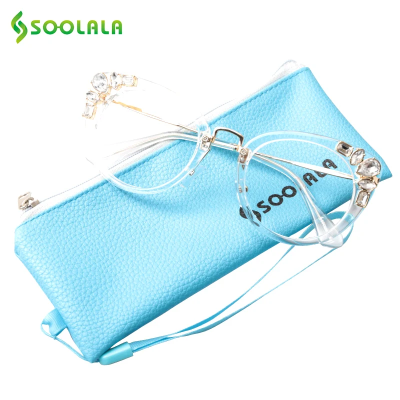 SOOLALA Cateye Reading Glasses Womens Luxury Rhinestone Eyeglasses Leopard Black Purple Presbyopia Reading Glasses +0.5 to 4.0