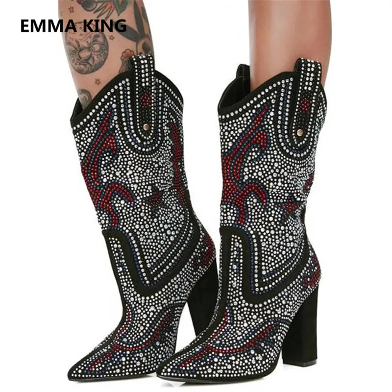 

2019 Pointed Toe Women Short Martin Boots Pointed Toe Chunky High Heels Full Crystal Studded Designer Shoes Woman Mid-Calf Boots