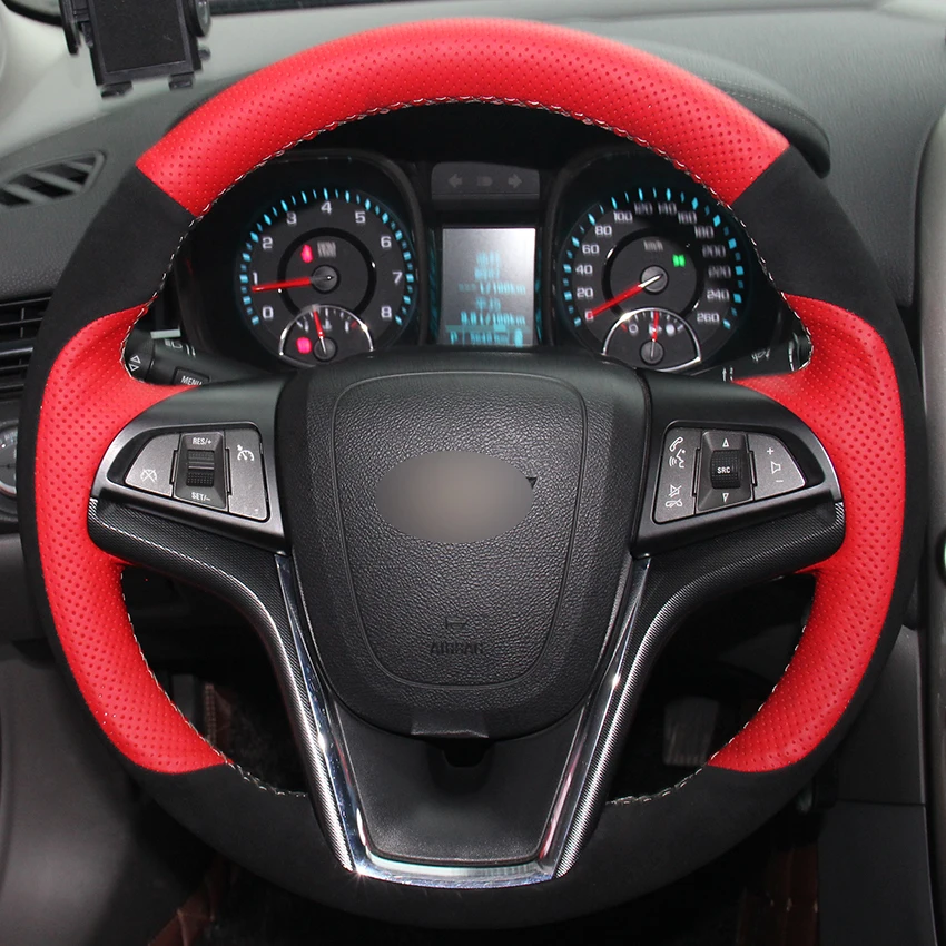 Red Natural Leather Black Suede Car Steering Wheel Cover for Chevrolet