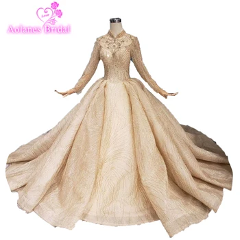 

2019 New Dubai High-end Long Sleeves Luxury Wedding Dress Vintage Sexy High Neck Gold Beading Sequined Beads Wedding Bride Gown