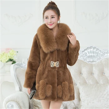 

Thick Warm Winter Natural Rex Rabbit Fur Coats Outerwear Women Slim Waist Full Sleeve Real Fur Jackets With Fox Fur Collar