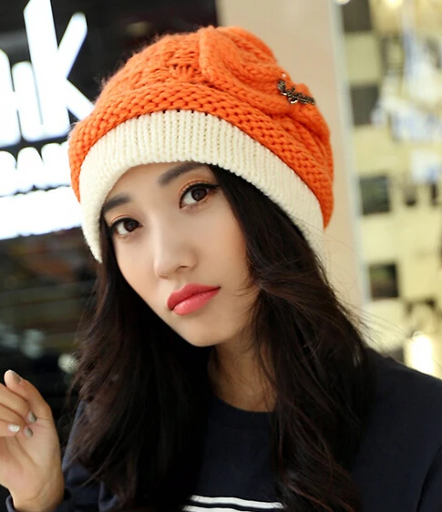 

Youth collocation sweet bowknot Knitting cap high quality letter winter warm hat female 5color 1pcs brand new arrive
