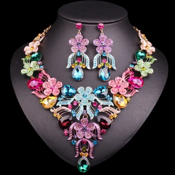 

Fashion Indian Necklace Earrings Sets Bridal Jewelry Sets Top Quality Crystal Party Wedding Costume Accessories for Brides Women