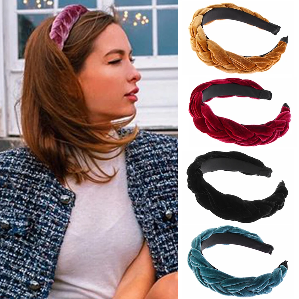 

2019 New Velvet Hairband For Women Ladies Headband Solid Color Braid Hair Loop Retro Headwear Female Hair Accessories