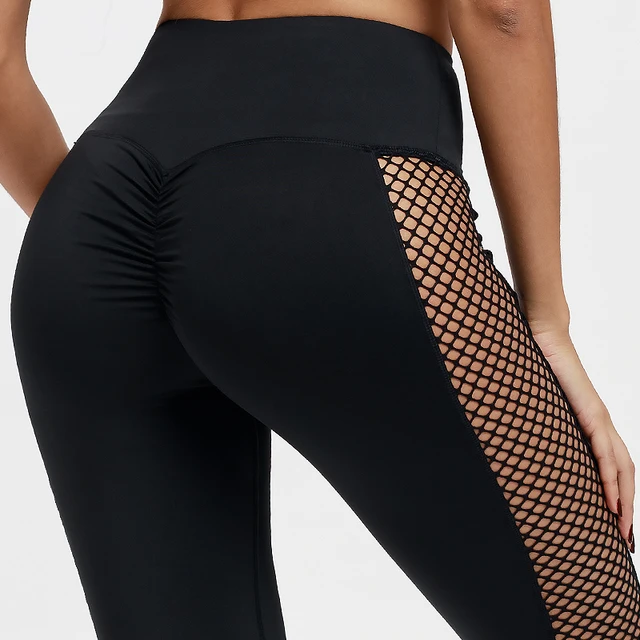 Black High Waist Leggings Women Mesh Patchwork Push Up Legging  Fitness Pants Breathable Polyester Sport Leggins 2