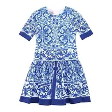 Голубое платье с цветочным рисунком для маленьких девочек хлопковая одежда для девочек Детские платья с короткими рукавами на рост 100-150 см