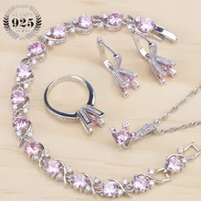 Комплект свадебных ювелирных изделий для женщин с розовым кубическим цирконием, свадебные ювелирные кольца, браслет, ожерелье, серьги, камень, подарочная коробка