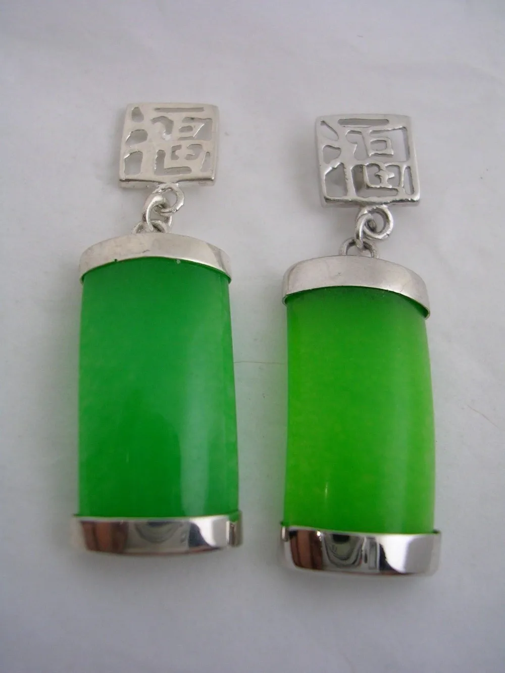 

JADEITE EARRINGS WITH ORIENTAL WRITING LOVE IN STERLING SILVER