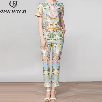 

Qian Han Zi newest 2020 Designer Fashion 2 Piece Set Women's Short Sleeve Print Short Top and Retro Full Length Pants Suit sets
