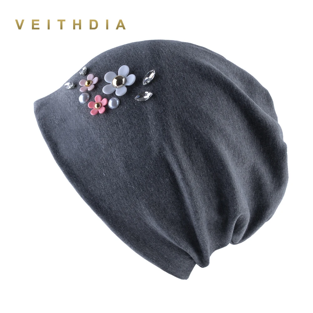 Женская вязаная шапка VEITHDIA двухслойная из хлопка с цветочным принтом на осень и