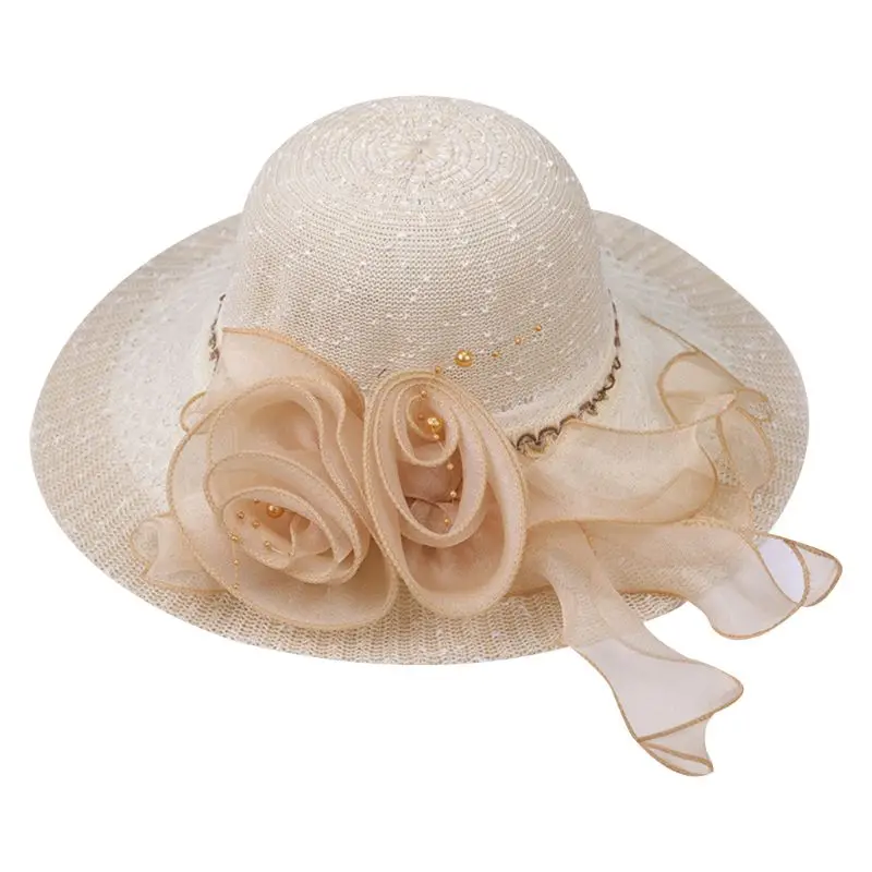 Женская летняя соломенная широкополая шляпа от солнца, плетеная лента, большой спиральный цветок, вышитый бисером, с широкими полями, Панама, кружевная жаккардовая вязаная шапка - Цвет: 1