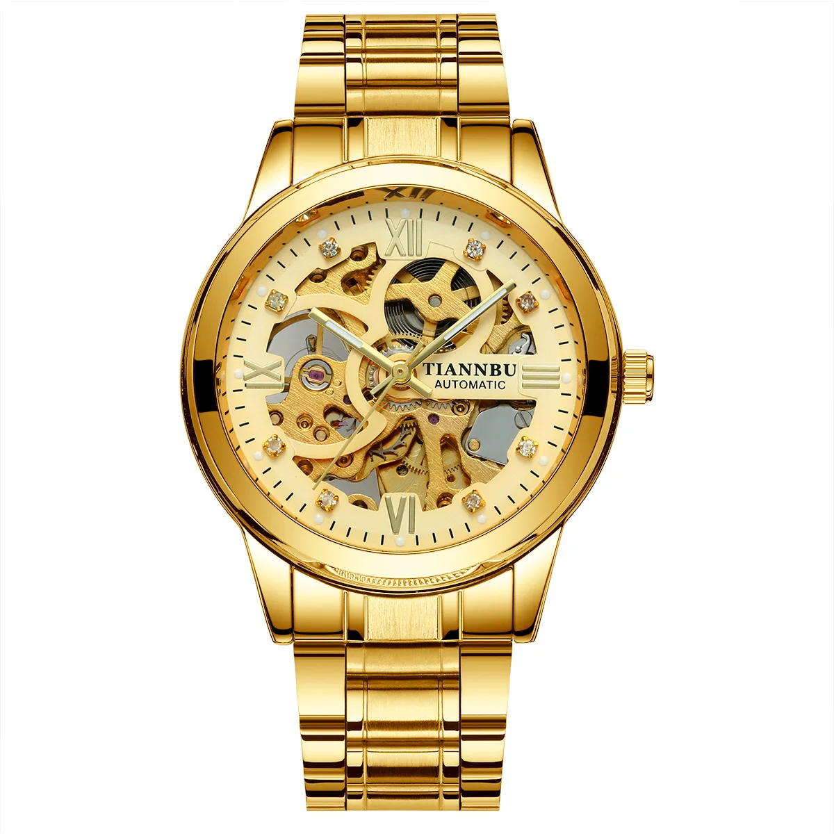 الرجال الفاخرة الذهبي التلقائي ساعات آلية الجوف الهيكل العظمي الرياضة للماء الذاتي لف الذكور ووتش Relogio Masculino