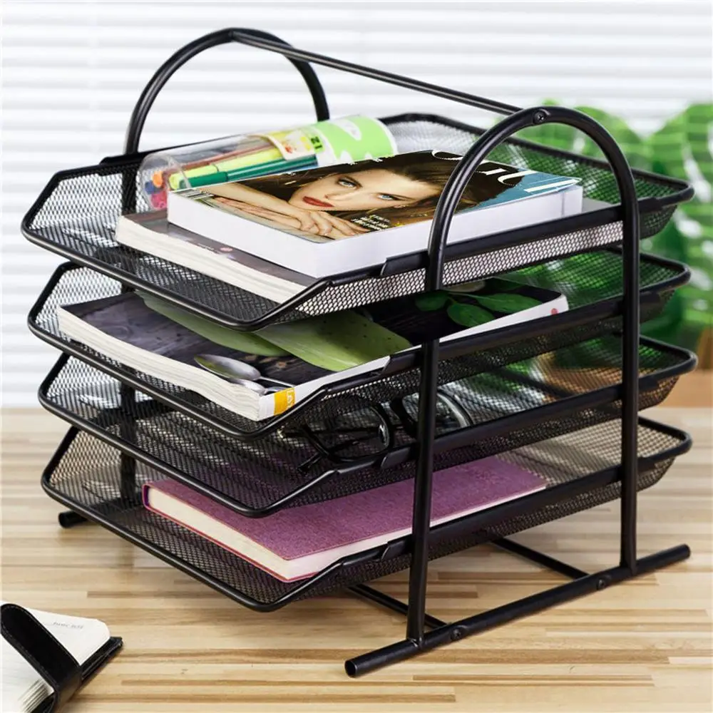 4-Tier File Rack Metal Mesh Letter Tray Scratch-Resistant Stackable Office A4 Paper Organizer Document File Holder U17@Z