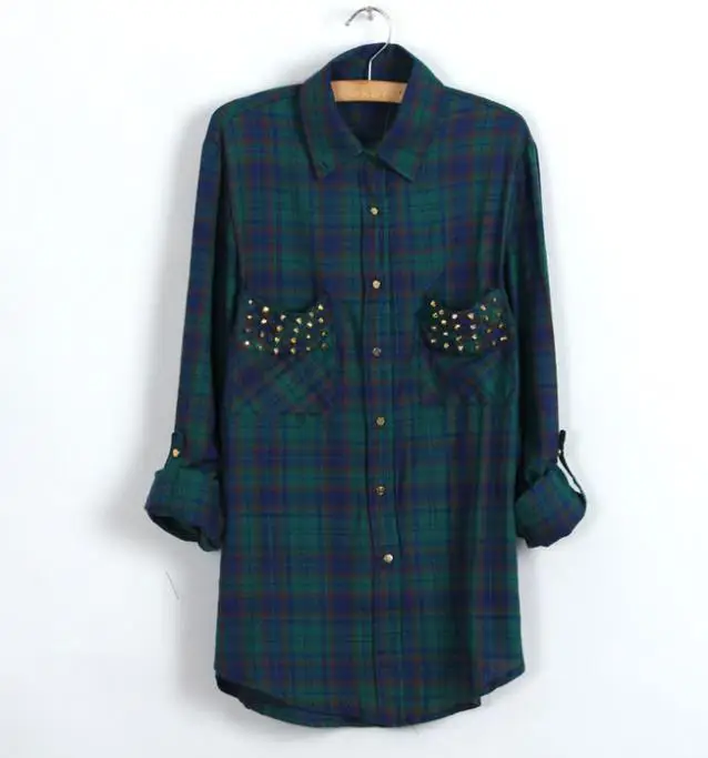 British Wind Women Plaid Shirts Spring Fashion Trendy Handsome Rivets Pockets Blouses Cotton