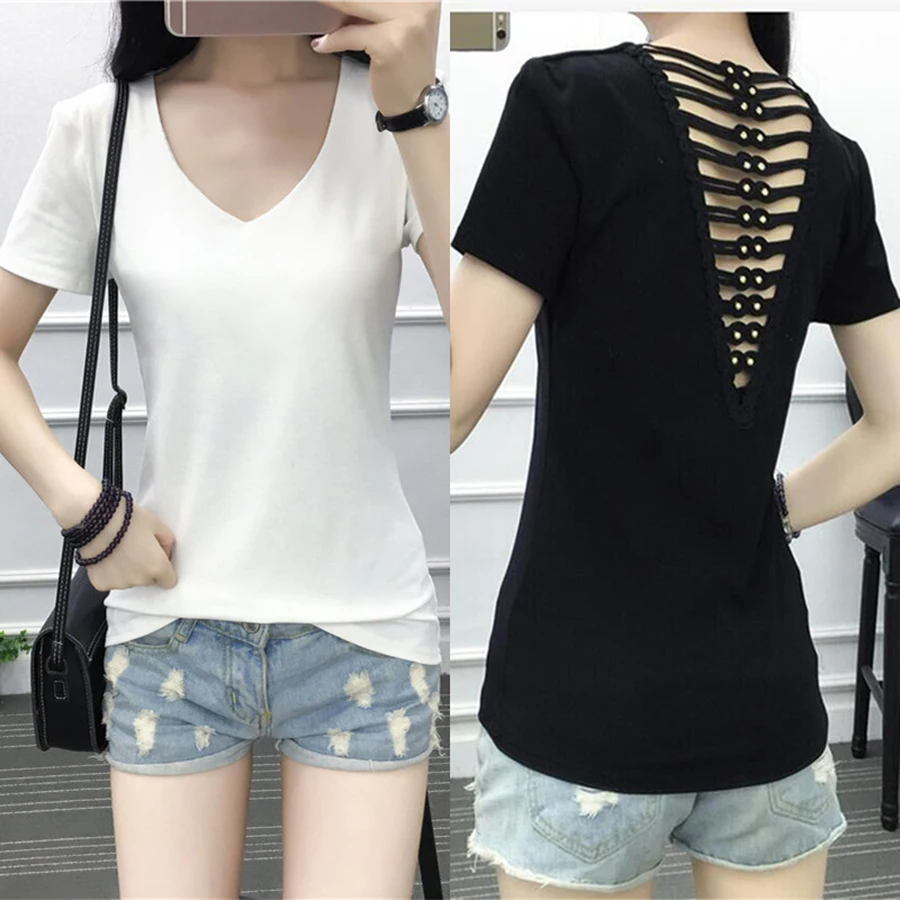 Sexy t Shirt Women Backless Casual Summer Mesh Top Oversized t Shirt Ulzzang Korean Style t-Shirt Camisas Mujer Vogue 60C153 Tops