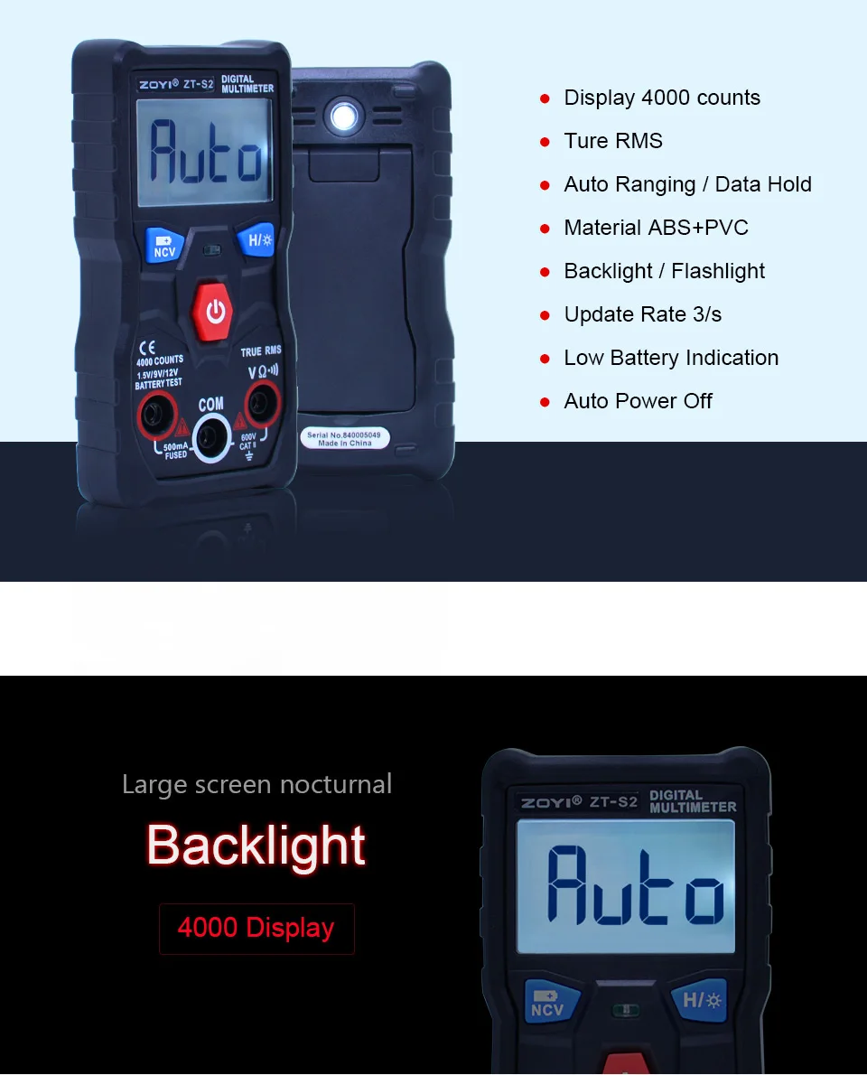 ZOYI ZT-S2 Цифровой мультиметр true rms autoranging 4000 отсчетов Multimetro AC DC 600 в вольтметр+ батарея/NCV тест ЖК-подсветка