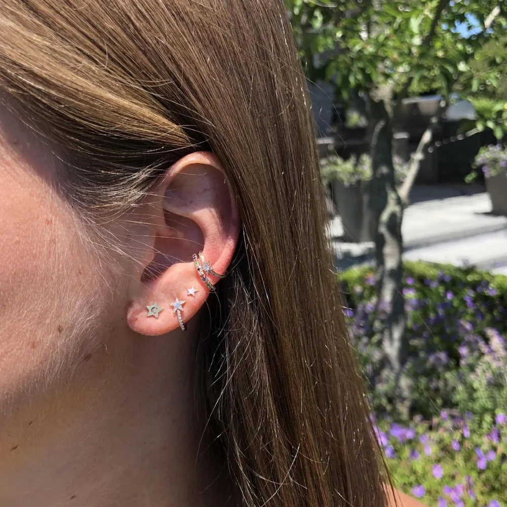 

J shape stud micro pave cz star earring new arrive top quality factory wholesale elegance lovely girl Pave Star Huggies jewerly