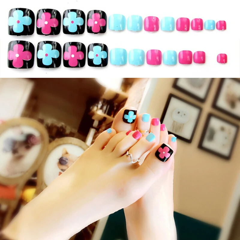 

24Pcs/Set Fake Nail Sweet Wind Resort Beach Flower Toenails Patch Foot Toe False Nails Art Tips Full Cover With 2g Glue Nail Art