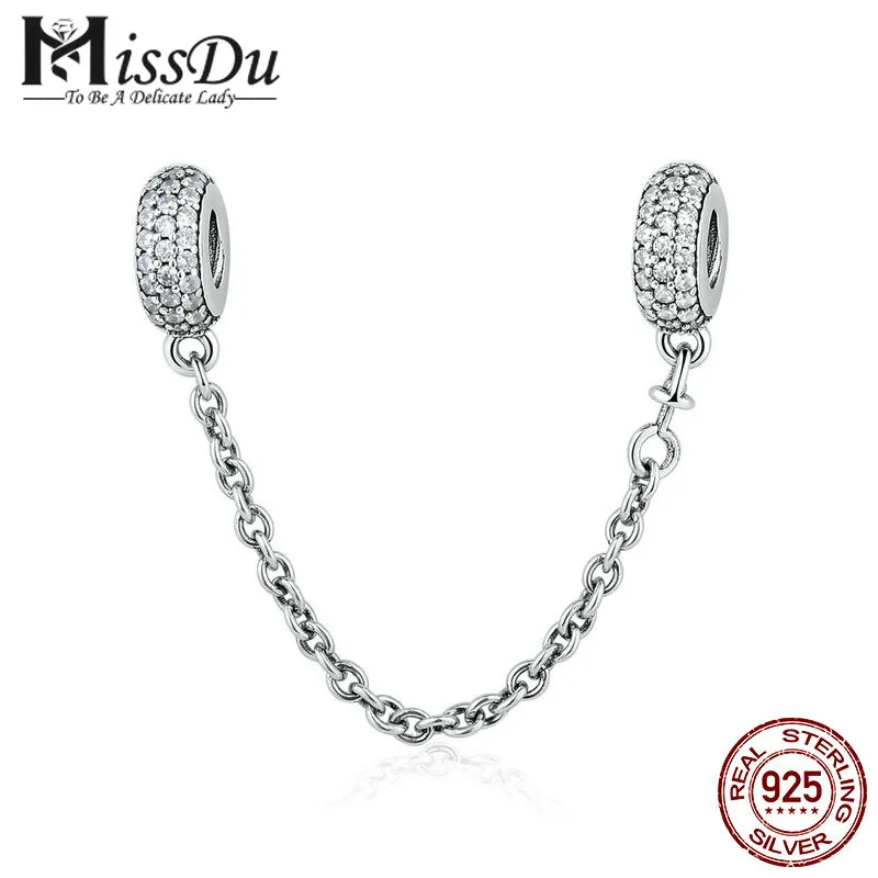 

100% 925 Sterling Silver Pave Inspiration Safety Chain, Clear CZ Stopper Charms fit Charm Bracelet DIY Jewelry PSC011