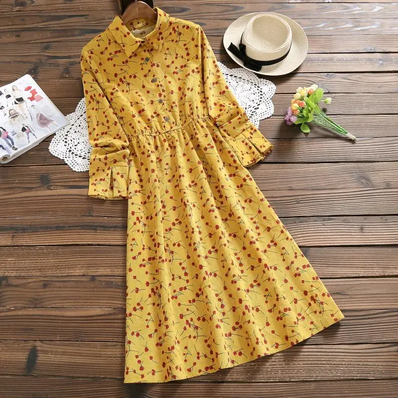 

Navy Blue,Yellow Cherry Print Dress 2018 New Women Long Sleeve Floral Printed Long Corduroy Dresses Lady Vintage Vestidos M-XXL