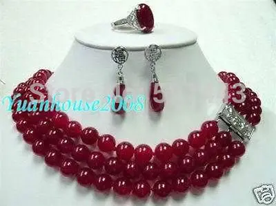 

FREE SHIPPING>>@> Wholesale JWEW6522 Fashion jewelry Set 3 Strands Red Jade Necklace Earring Ring Natural jewelry