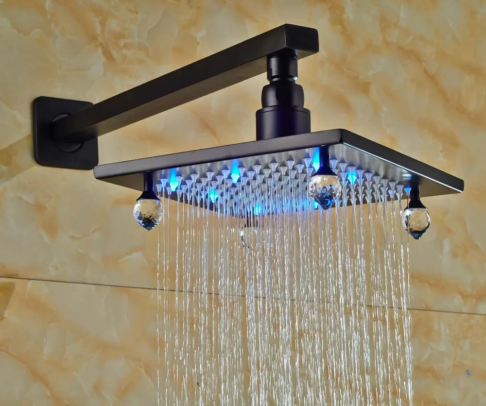 Luxury Crystal LED 8" Square Brass Rain Shower Head + Shower Arm Oil