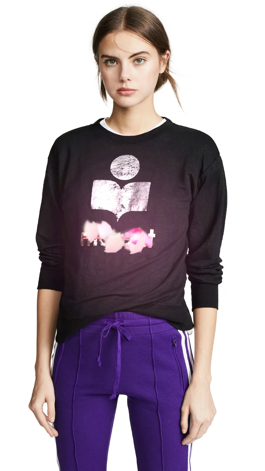

2019 Early spring/summer chic Vintage contrast gold printing letter long-sleeved T-shirt full linen loose women T shirt