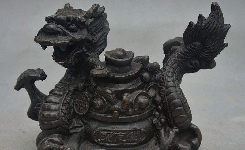 

7" Folk China FengShui Bronze Wealth Dragon Traesure Bowl Money YuanBao Statue