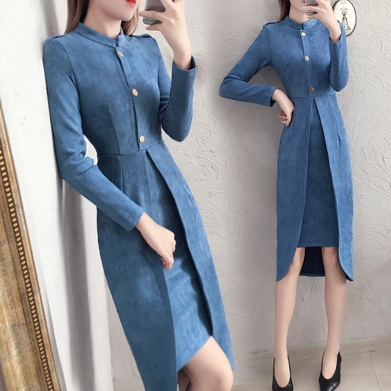 

Ms. deerskin velvet long section of the Spring and Autumn the new Ms. Slim waist temperament waist dress JQ511