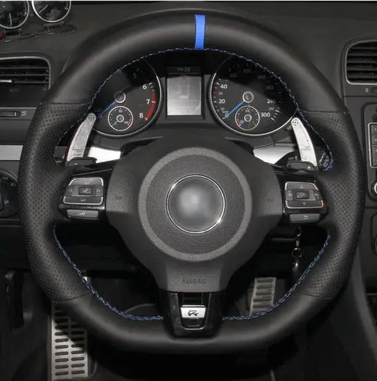 

Puou Black Suede Real Leather Steering Wheel Cover for Volkswagen Golf 6 MK6 Polo Scirocco R Passat CC R-Line 2010 Fr