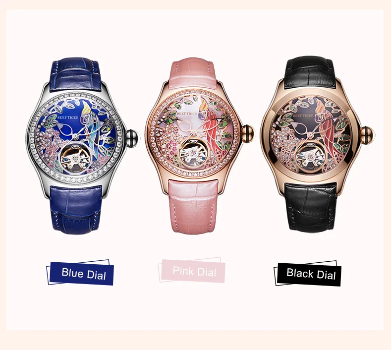 Риф Тигр/RT синий циферблат модные часы для женщин кожаный ремешок водонепроницаемые автоматические часы с бриллиантами турбийон часы RGA7105