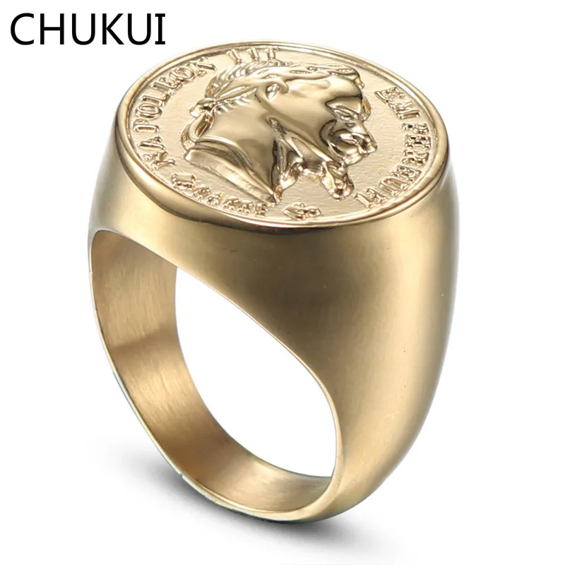 

CHUKUI New design Men's Round Coin Rings Unique Gold Color Stainless Steel Biker Human Head Jewelry Drop shipping