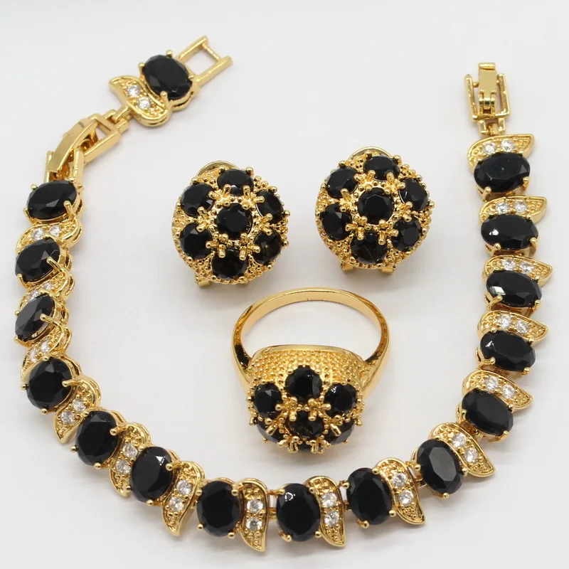 

Wholesale Scattering Splendor Ball Black Zircon Gold Color Wedding Jewelry Sets For Women Clip Earrings Ring Bracelet Free Box