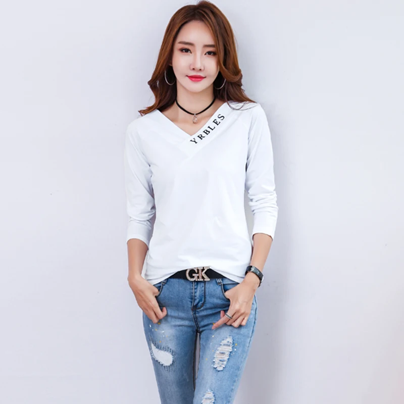 Женская футболка с v-образным вырезом, осень, повседневные топы с длинным рукавом, модная женская футболка в Корейском стиле, белые и черные футболки